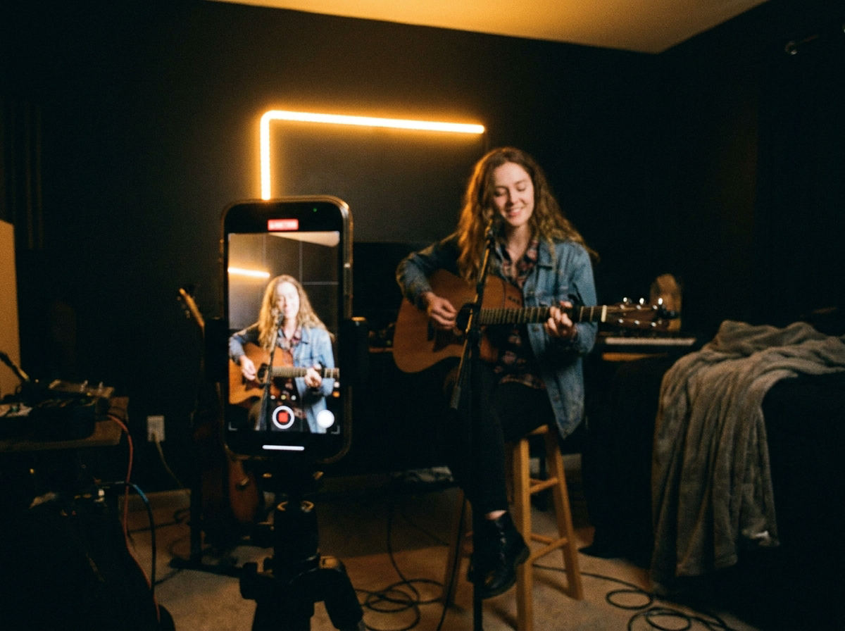 An artist recording a performance video at home with a phone on a tripod