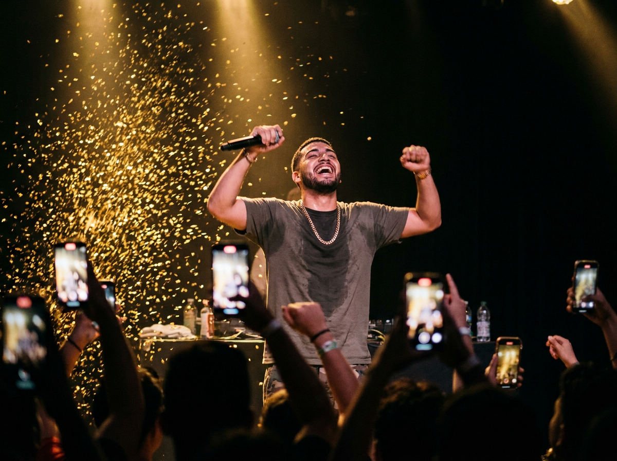 An artist celebrating on stage under gold confetti